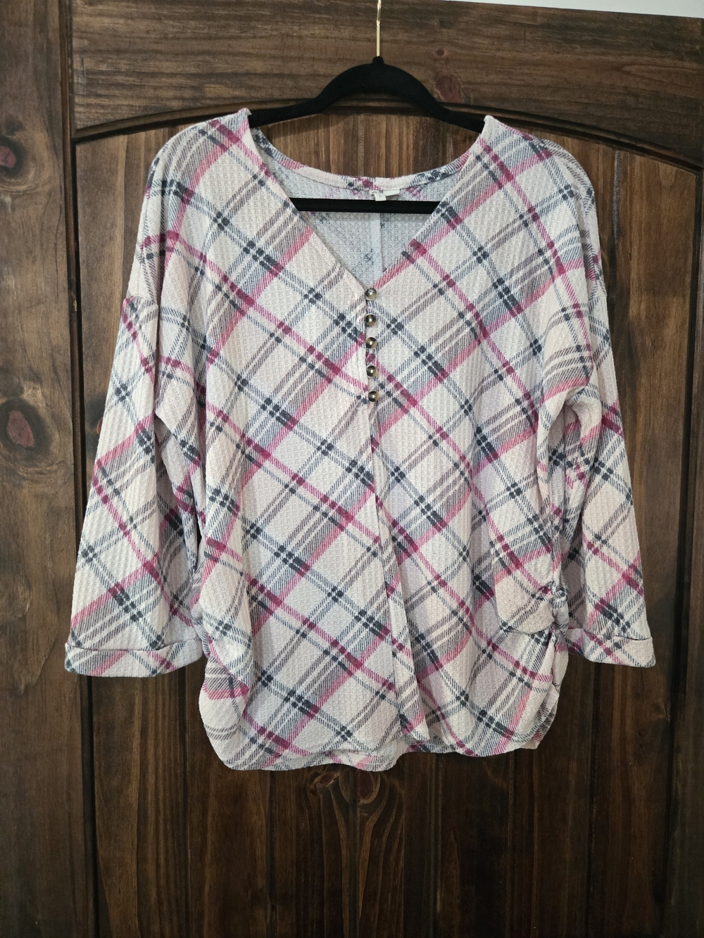 Cato Cream Plaid Tunic with Pink and Navy Accents